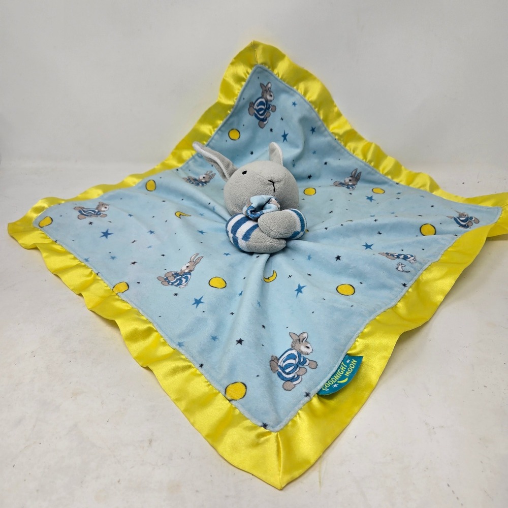 Goodnight Moon Bunny Lovey Security Blanket Blue Yellow Satin Trim Plush Baby